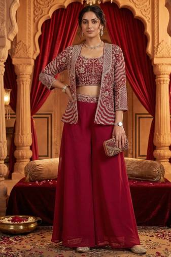 women's elegant purple georgette silk embellished jacket palazzo set