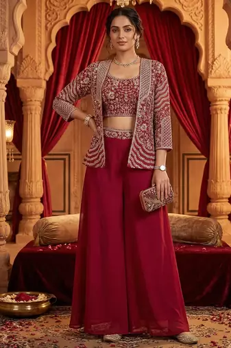 women's elegant purple georgette silk embellished jacket palazzo set