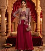 women's elegant purple georgette silk embellished jacket palazzo set