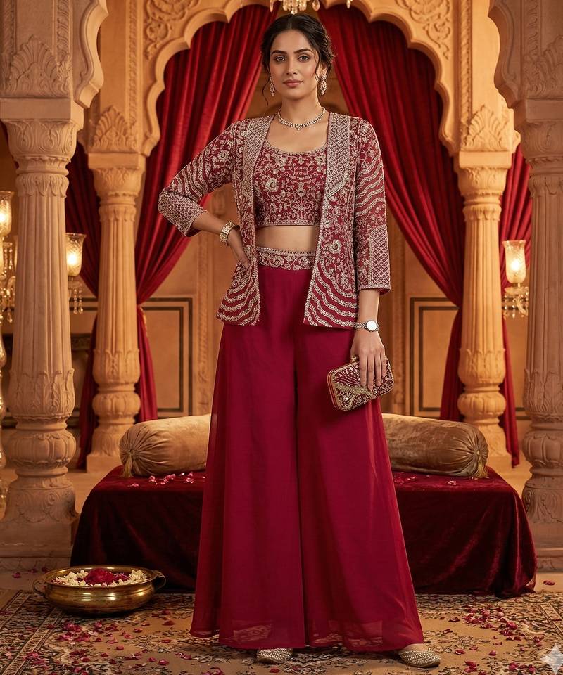 women's elegant purple georgette silk embellished jacket palazzo set