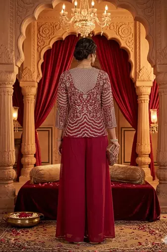 women's elegant purple georgette silk embellished jacket palazzo set