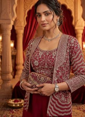 women's elegant purple georgette silk embellished jacket palazzo set 3