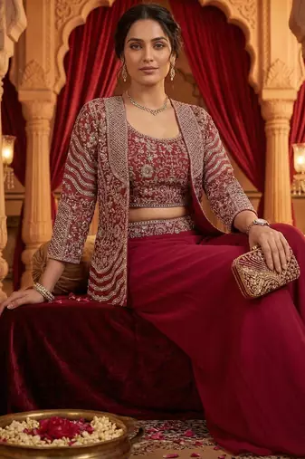 women's elegant purple georgette silk embellished jacket palazzo set