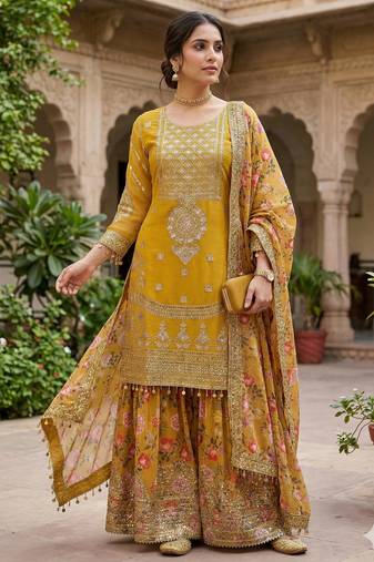 women's faux georgette fabric zari sequence embroidery work kurtaset with dupatta