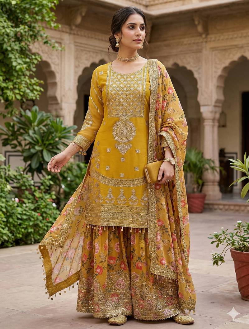 women's faux georgette fabric zari sequence embroidery work kurtaset with dupatta