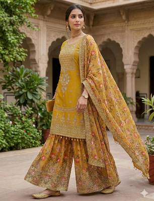 women's faux georgette fabric zari sequence embroidery work kurtaset with dupatta 3