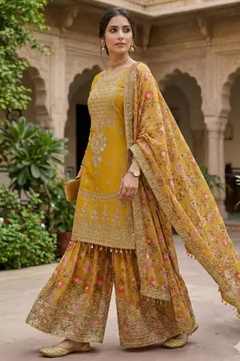 women's faux georgette fabric zari sequence embroidery work kurtaset with dupatta