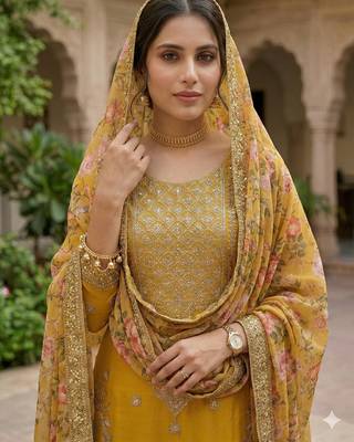 women's faux georgette fabric zari sequence embroidery work kurtaset with dupatta 4