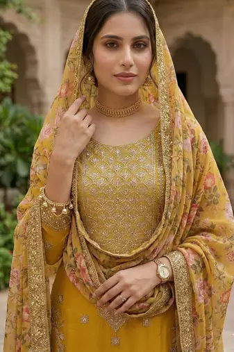 women's faux georgette fabric zari sequence embroidery work kurtaset with dupatta
