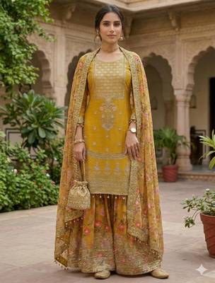 women's faux georgette fabric zari sequence embroidery work kurtaset with dupatta 5