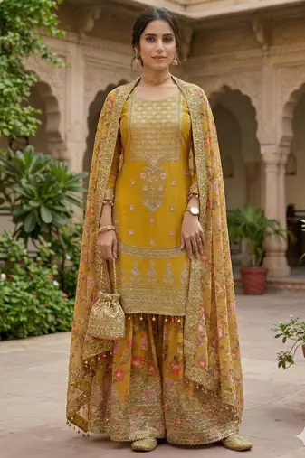 women's faux georgette fabric zari sequence embroidery work kurtaset with dupatta