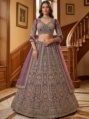 Adorable Purple Sequins Net Bridesmaid Lehenga Choli With Dupatta 1