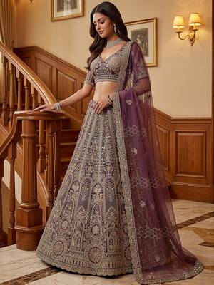 Adorable Purple Sequins Net Bridesmaid Lehenga Choli With Dupatta 2