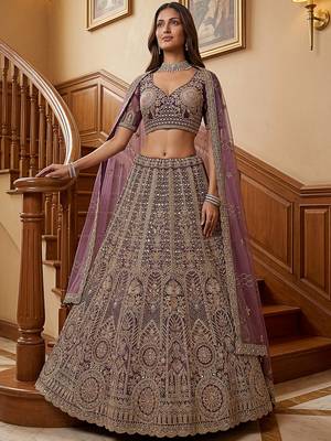 Adorable Purple Sequins Net Bridesmaid Lehenga Choli With Dupatta 3