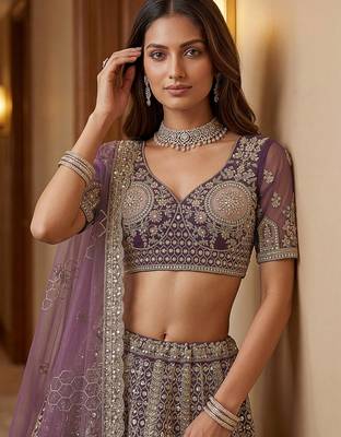 Adorable Purple Sequins Net Bridesmaid Lehenga Choli With Dupatta 5