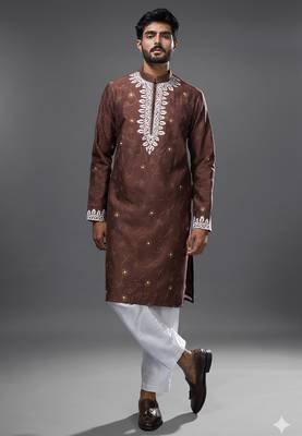 Brown embroidered, mirror silk kurta pant 1