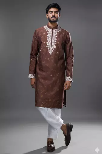 Brown embroidered, mirror silk kurta pant