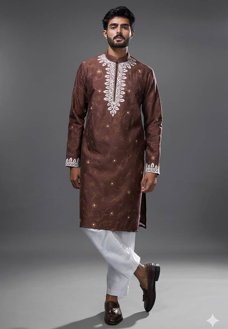 Brown embroidered, mirror silk kurta pant
