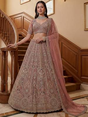 Gorgeous Dusty Pink Zircon Work Net Engagement Wear Lehenga With Blouse 1