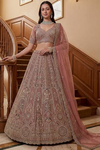 Gorgeous Dusty Pink Zircon Work Net Engagement Wear Lehenga With Blouse