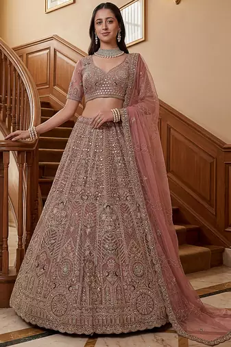 Gorgeous Dusty Pink Zircon Work Net Engagement Wear Lehenga With Blouse