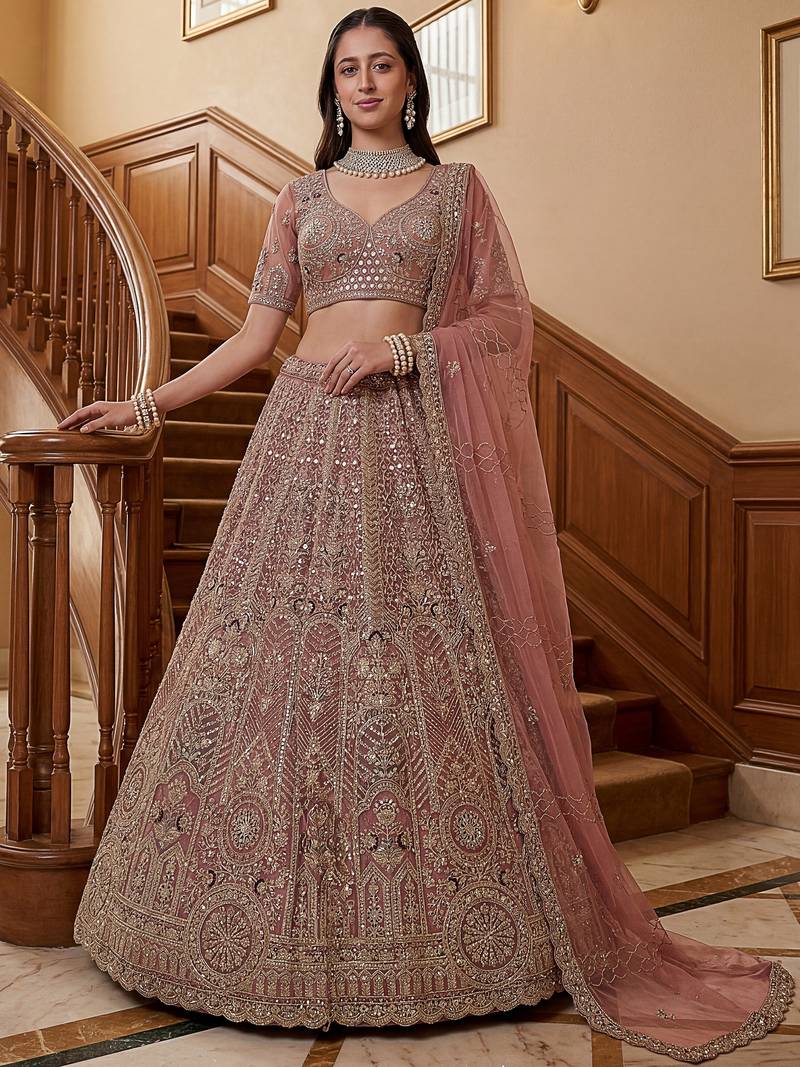 Gorgeous Dusty Pink Zircon Work Net Engagement Wear Lehenga With Blouse