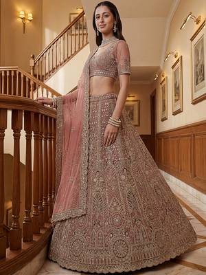 Gorgeous Dusty Pink Zircon Work Net Engagement Wear Lehenga With Blouse 2
