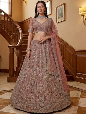 Gorgeous Dusty Pink Zircon Work Net Engagement Wear Lehenga With Blouse 3