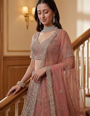Gorgeous Dusty Pink Zircon Work Net Engagement Wear Lehenga With Blouse 5