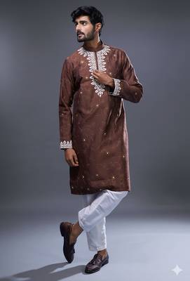Brown embroidered, mirror silk kurta pant 3