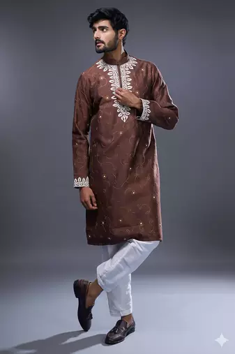 Brown embroidered, mirror silk kurta pant