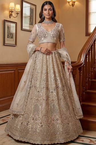 Dreamy Off-White Dori Work Net Wedding Wear Lehenga Choli