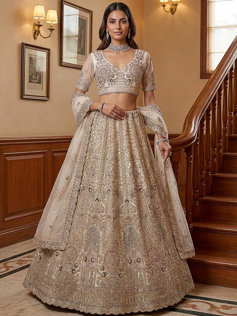 Dreamy Off-White Dori Work Net Wedding Wear Lehenga Choli