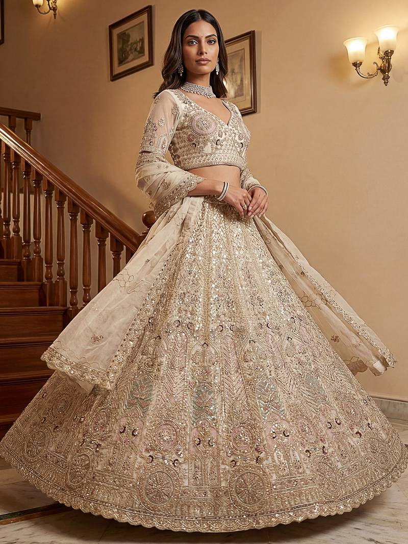 Dreamy Off-White Dori Work Net Wedding Wear Lehenga Choli