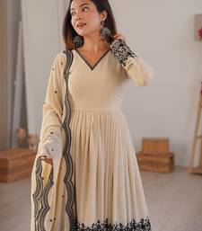 Cream Color Embroidery Thread Detailing Work Faux Georgette Top Bottom Dupatta Set
