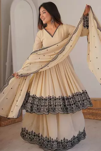 Cream Color Embroidery Thread Detailing Work Faux Georgette Top Bottom Dupatta Set