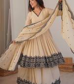 Cream Color Embroidery Thread Detailing Work Faux Georgette Top Bottom Dupatta Set