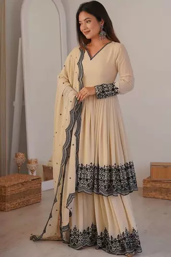 Cream Color Embroidery Thread Detailing Work Faux Georgette Top Bottom Dupatta Set