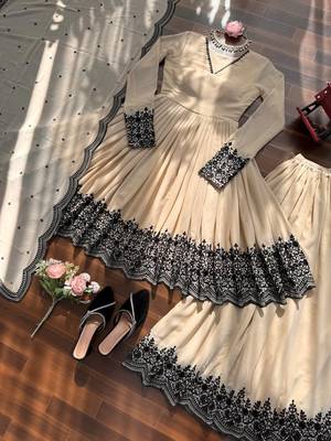 Cream Color Embroidery Thread Detailing Work Faux Georgette Top Bottom Dupatta Set 5