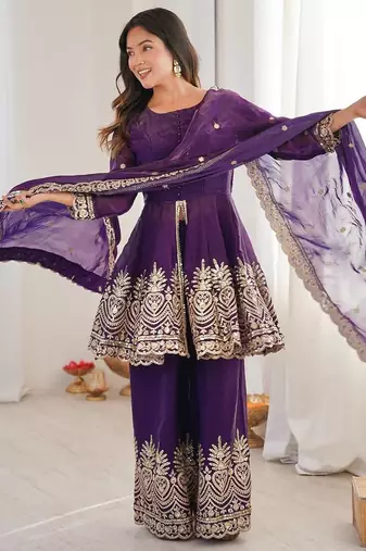 Purple color fendy satin silk embroidery work party wear salwar suit