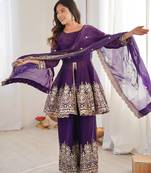 Purple color fendy satin silk embroidery work party wear salwar suit