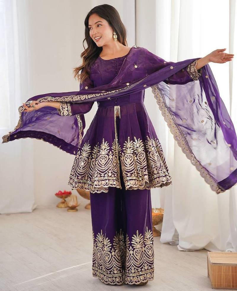 Purple color fendy satin silk embroidery work party wear salwar suit