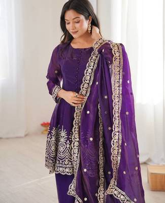 Purple color fendy satin silk embroidery work party wear salwar suit 2