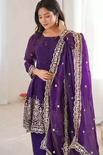 Purple color fendy satin silk embroidery work party wear salwar suit