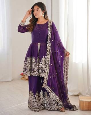 Purple color fendy satin silk embroidery work party wear salwar suit 3