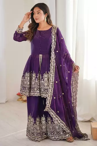 Purple color fendy satin silk embroidery work party wear salwar suit