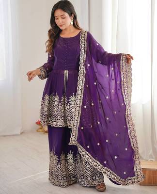 Purple color fendy satin silk embroidery work party wear salwar suit 4