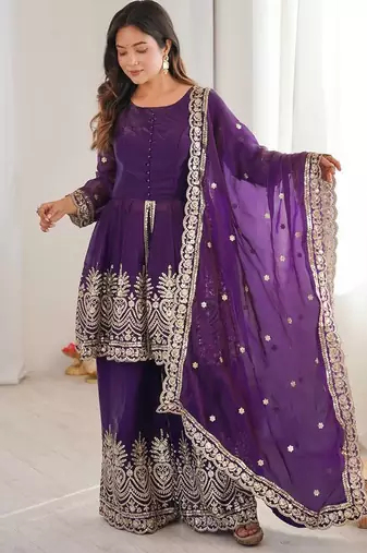 Purple color fendy satin silk embroidery work party wear salwar suit