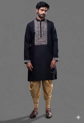 Navy blue embroidered silk kurta pant 1