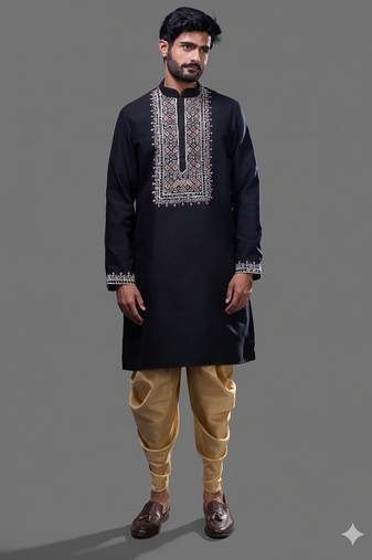 Navy blue embroidered silk kurta pant